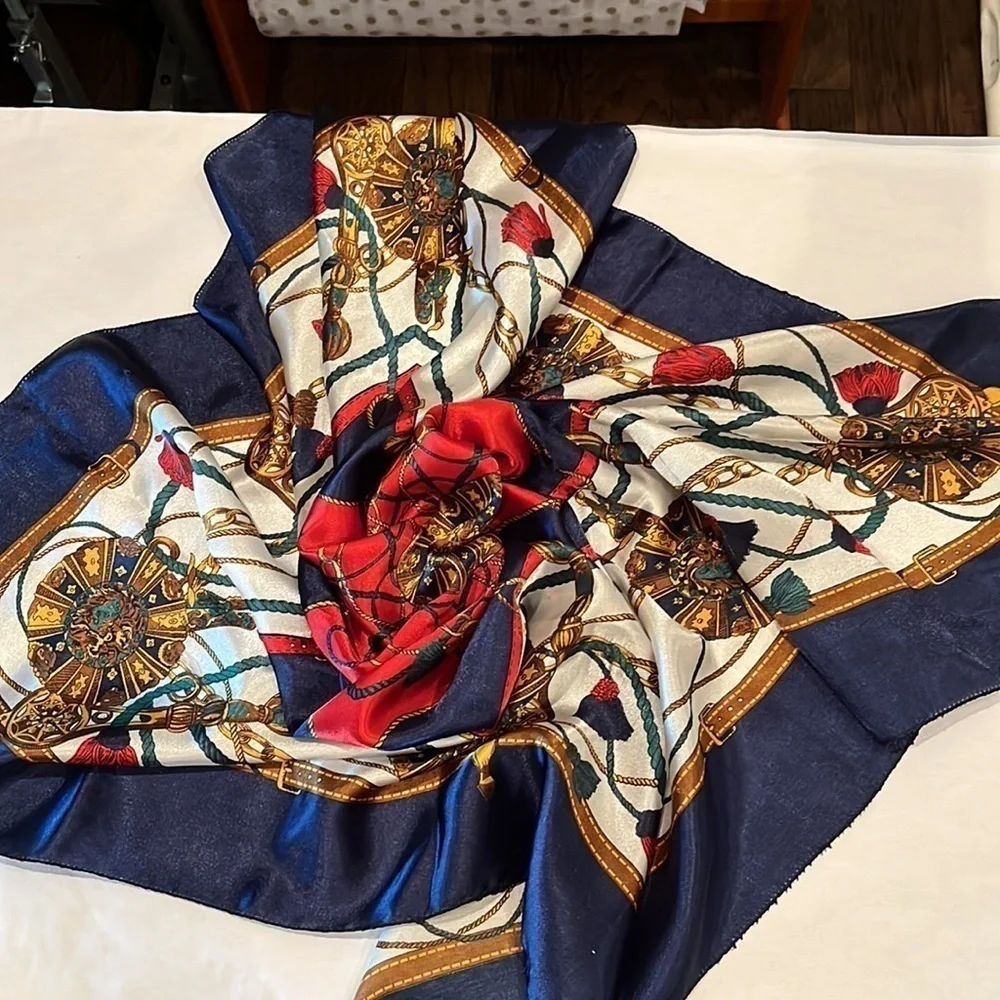 Scarf Green Navy Blue Red Gold Vintage 36” x 36” Soft Luxury Colors